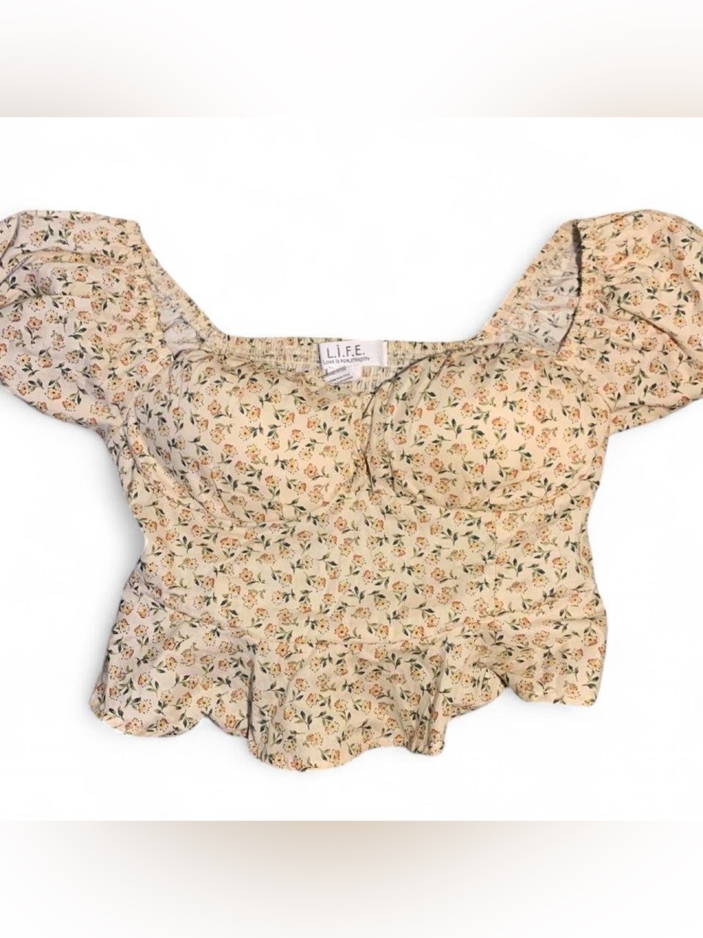 Cream Floral Puff Sleeve Crop Top